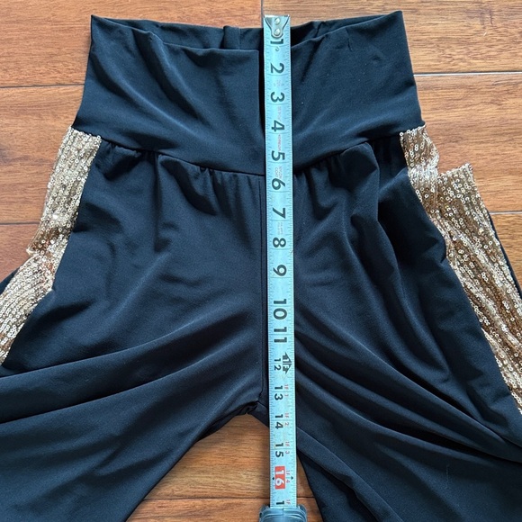 Julian Chang Mixed Media Black Pull On Pants Gold Sequin Side Stripe Small - Picture 8 of 10